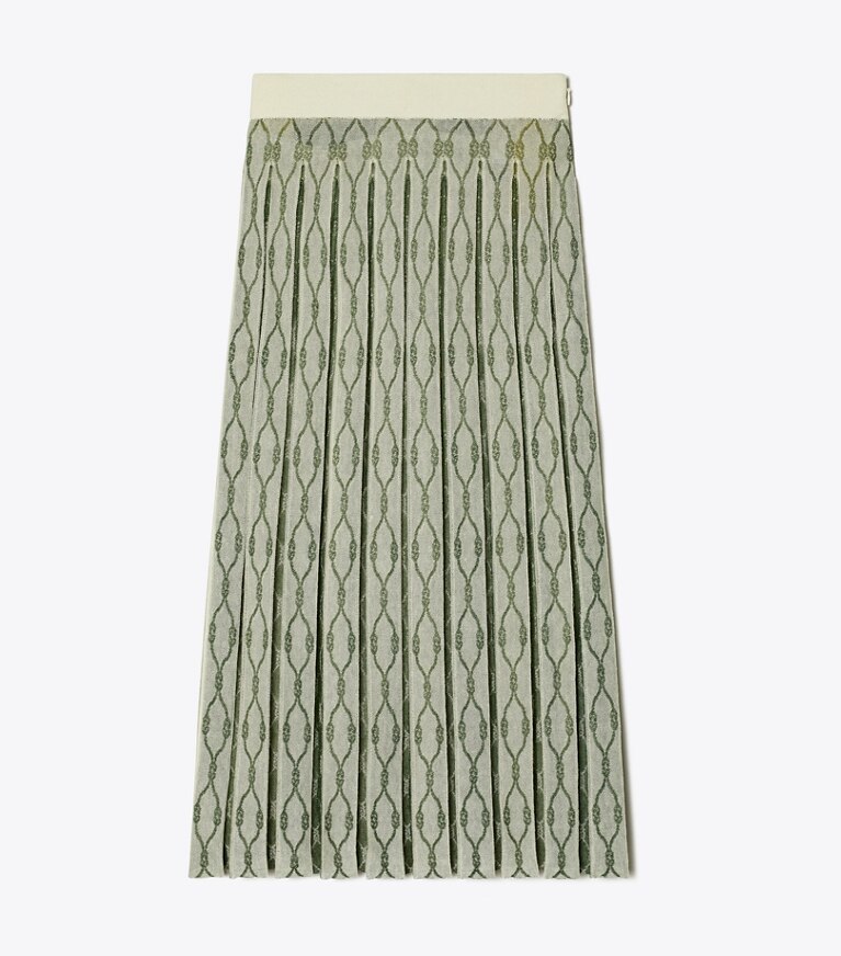 Tory Burch designer bottoms Box Pleated Jacquard Skirt in French Cream / Jadite front