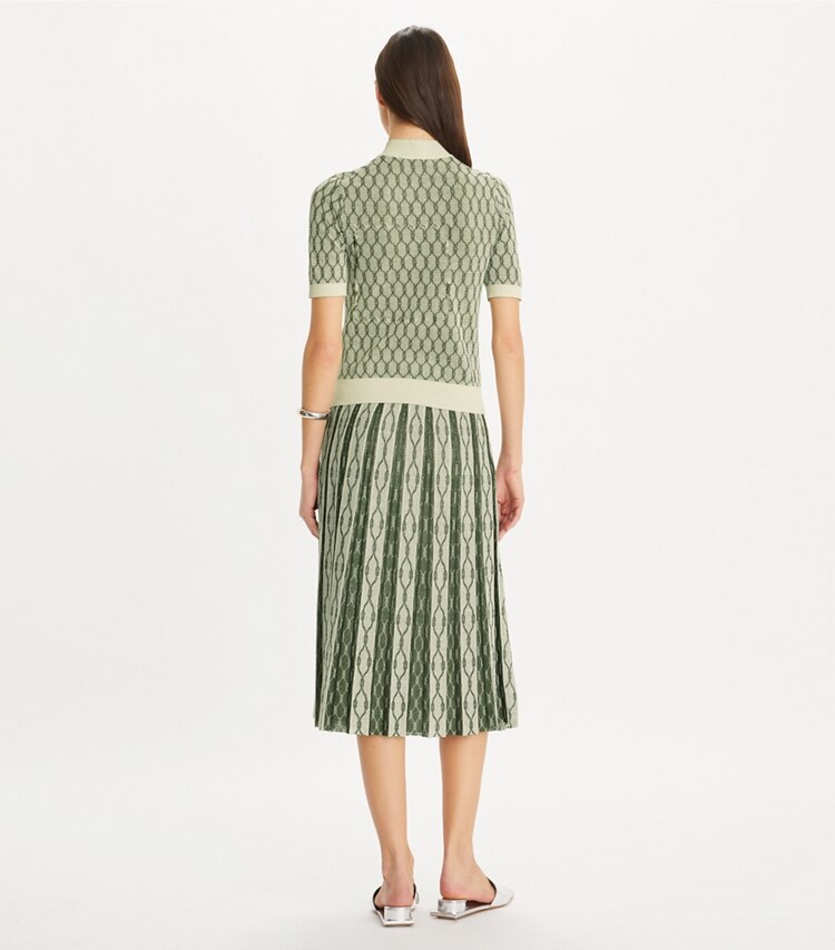 Tory Burch designer bottoms Box Pleated Jacquard Skirt in French Cream / Jadite on model back