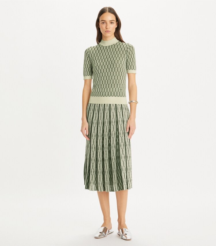 Tory Burch designer bottoms Box Pleated Jacquard Skirt in French Cream / Jadite on model front