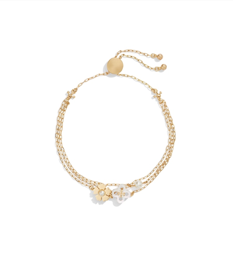 Tory Burch designer bracciali Bracciale Forget Me Not con catene, perla e chiusura scorrevole in Tory Gold / Mother of Pearl / Cream additional