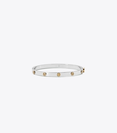 Tory Burch designer bracciali Bracciale Icon con piastra con borchia da 5 mm in Tory Silver / Tory Gold front