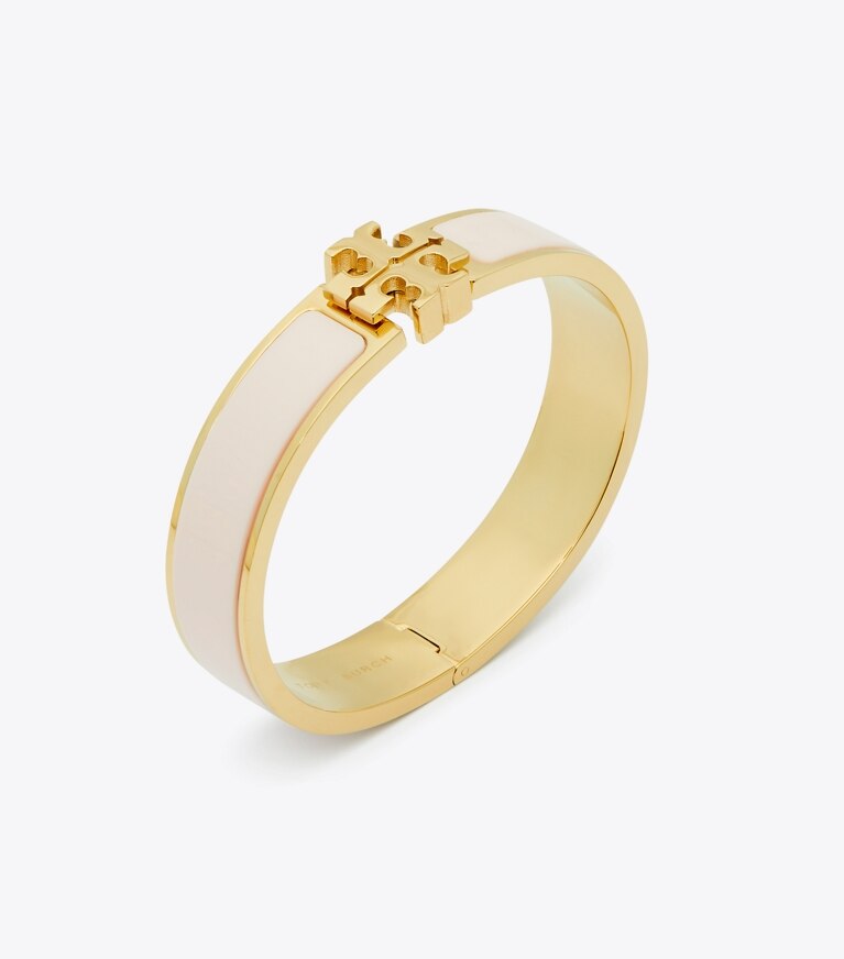 Tory Burch designer bracciali Bracciale Icon smaltato in Tory Gold / Ballet Pink dettaglio