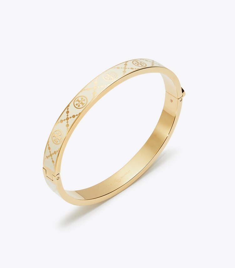 Tory Burch designer bracciali Bracciale Icon T Monogram con cerniera in Tory Gold / New Ivory dettaglio