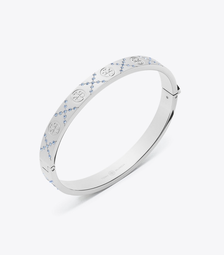 Tory Burch designer bracciali Bracciale Icon T Monogram con cerniera e pavé in Tory Silver / Blue Sapphire dettaglio