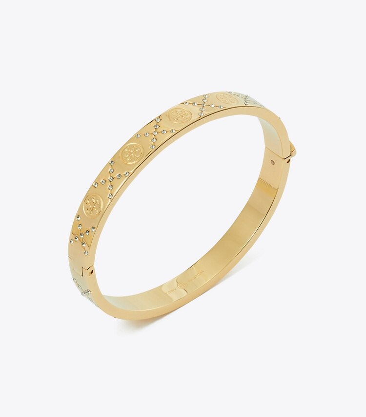 Tory Burch designer bracciali Bracciale Icon T Monogram con cerniera e pavé in Tory Gold / Crystal dettaglio