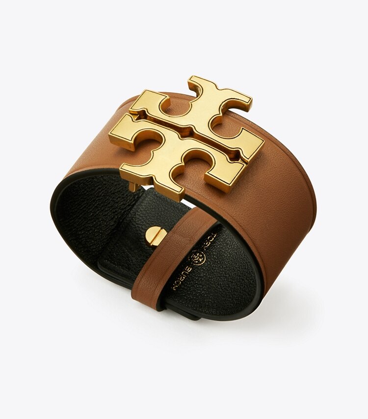 Tory Burch designer bracciali Bracciale in pelle Eleanor in Rolled Brass / Classic Cuoio dettaglio