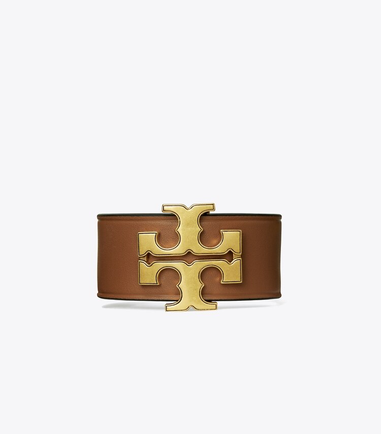 Tory Burch designer bracciali Bracciale in pelle Eleanor in Rolled Brass / Classic Cuoio front