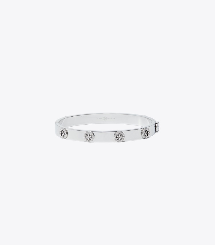 Tory Burch designer bracciali Bracciale Miller con piastra con borchia con pavé in Tory Silver / Crystal front
