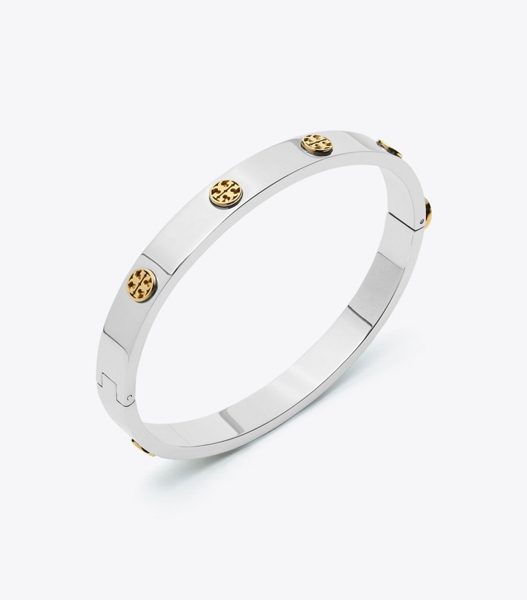 Tory Burch designer bracciali Bracciale Miller con piastra con borchia da 7 mm in Tory Silver / Tory Gold front