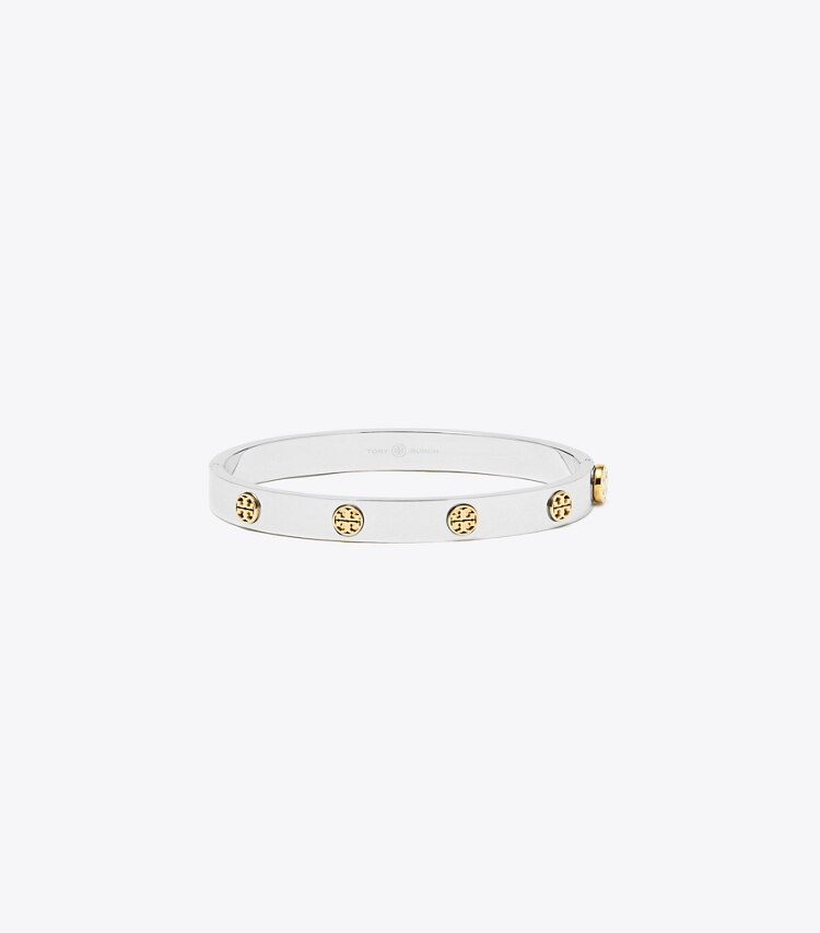 Tory Burch designer bracciali Bracciale Miller con piastra con borchia da 7 mm in Tory Silver / Tory Gold front