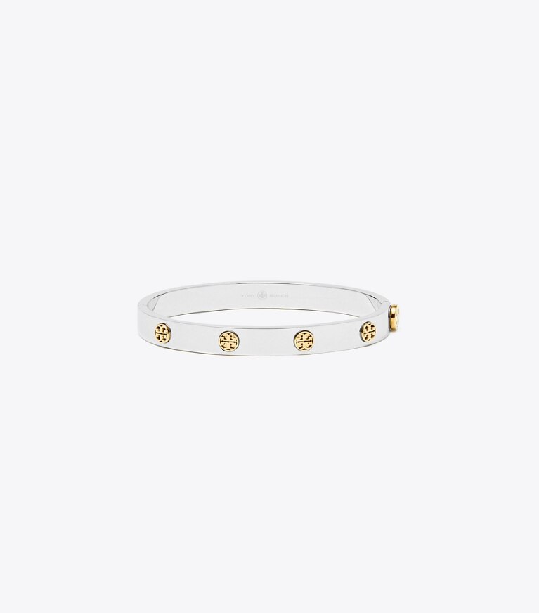 Tory Burch designer bracciali Bracciale Miller con piastra con borchia da 7 mm in Tory Silver / Tory Gold front