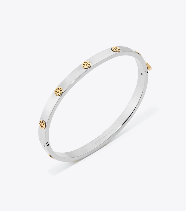 Tory Burch designer bracciali Bracciale sottile con cerniera Icon in Tory Silver / Tory Gold dettaglio