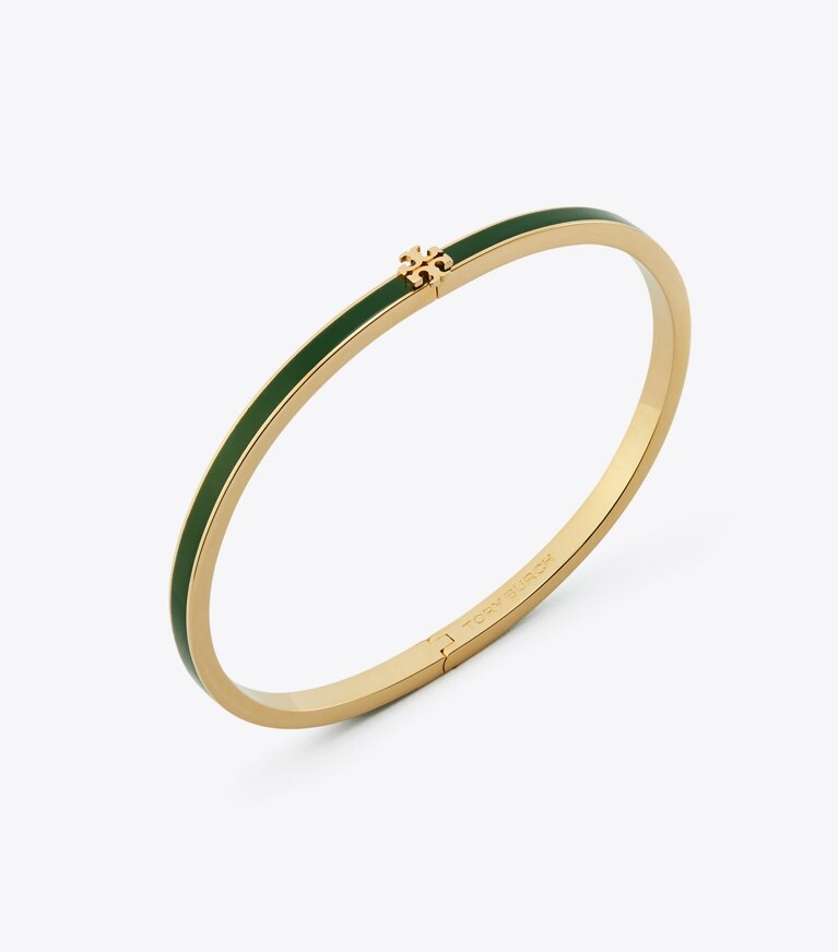 Tory Burch designer bracciali Braccialetto Icon smaltato a trama sottile in Tory Gold / Dark Kale dettaglio