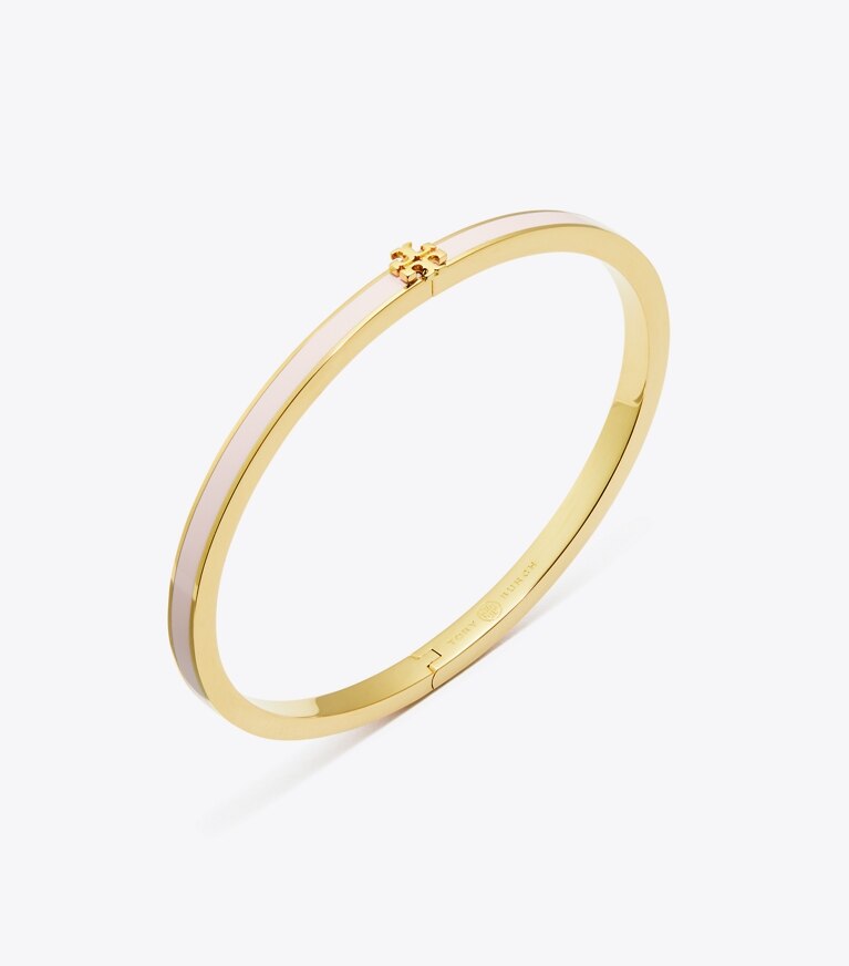 Tory Burch designer bracciali Braccialetto Icon smaltato a trama sottile in Tory Gold / Pink Snow dettaglio