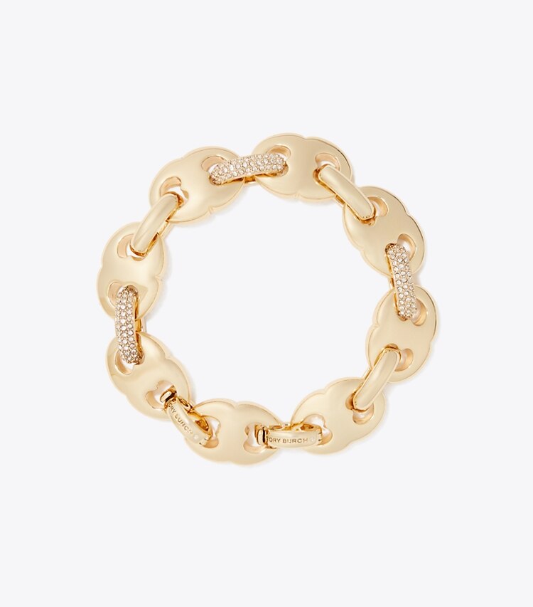 Tory Burch designer bracelets Bracelet Gemini Link pavé dans Light Brass / Crystal de face