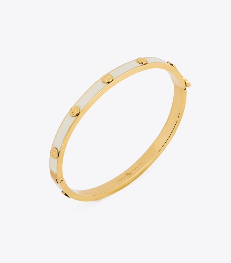 Tory Burch designer bracelets Bracelet à charnière en émail Miller Stud 5 mm dans Tory Gold / New Ivory détails