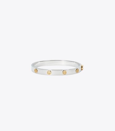 Tory Burch designer bracelets Bracelet à charnière Icon dans Tory Silver / Tory Gold de face