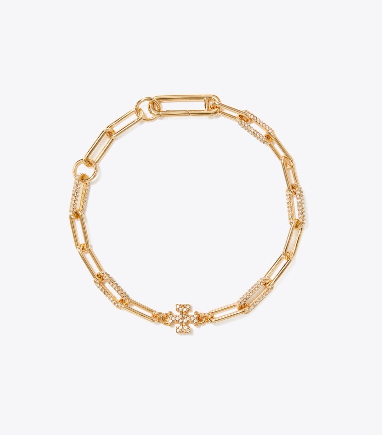 Tory Burch designer bracelets Bracelet chaîne Good Luck pavé de cristaux in Tory Gold / Crystal front
