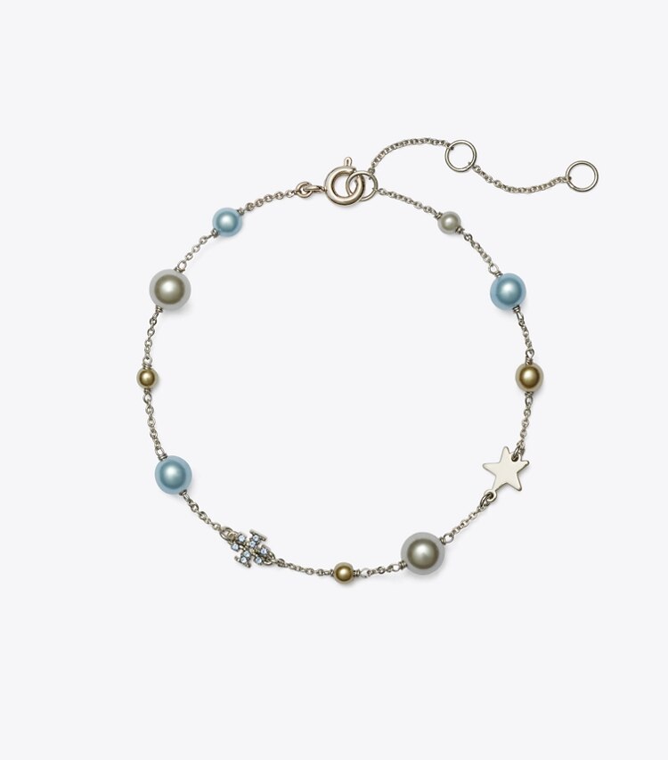 Tory Burch designer bracelets Bracelet délicat Moondance avec perle et étoile in Tory Silver / Light Sapphire / Pearl front