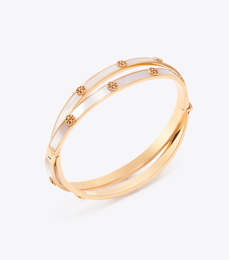 Tory Burch designer bracelets Bracelet double à charnière Icon en nacre dans Tory Gold / Mother of Pearl détails