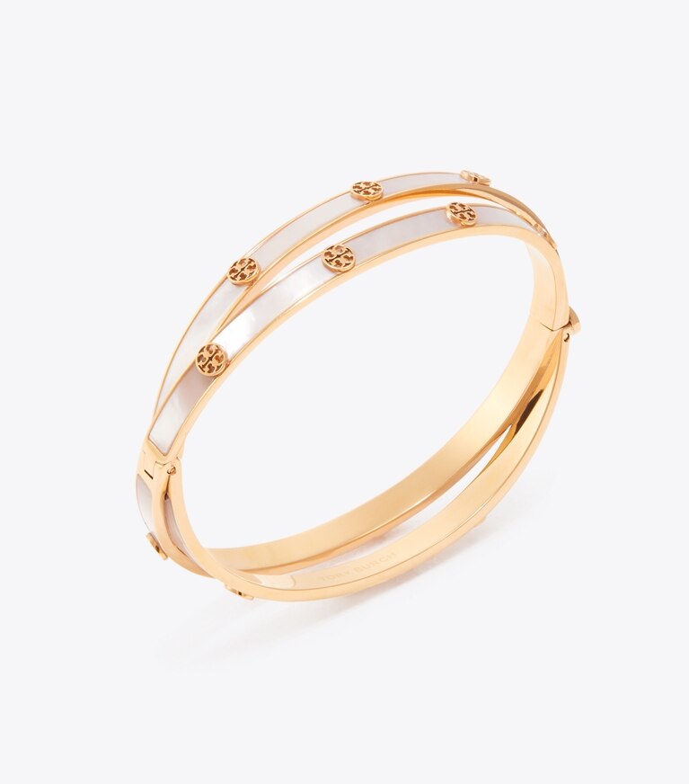 Tory Burch designer bracelets Bracelet double à charnière Icon en nacre dans Tory Gold / Mother of Pearl détails