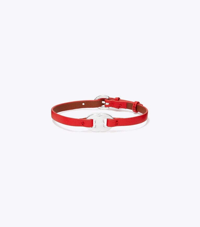 Tory Burch designer bracelets Bracelet en cuir Gemini Link dans Light Silver / Red de face