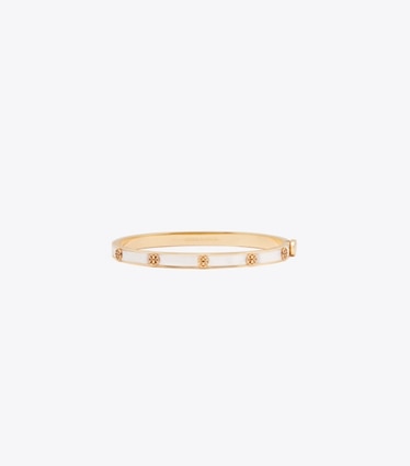 Tory Burch designer bracelets Bracelet fin à charnière Icon en nacre dans Tory Gold / Mother of Pearl de face