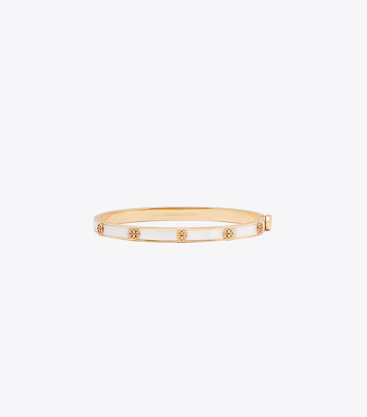 Tory Burch designer bracelets Bracelet fin à charnière Icon en nacre dans Tory Gold / Mother of Pearl de face