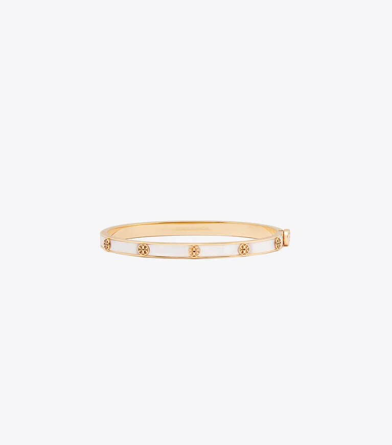 Tory Burch designer bracelets Bracelet fin à charnière Icon en nacre dans Tory Gold / Mother of Pearl de face
