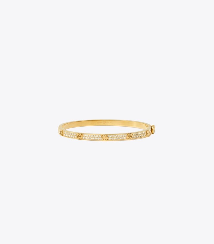 Tory Burch designer bracelets Bracelet fin à charnière Icon pavé in Tory Gold / Crystal front