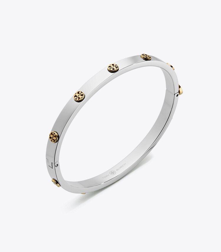 Tory Burch designer bracelets Bracelet Icon clouté à charnière 5 mm in Tory Silver / Tory Gold informations
