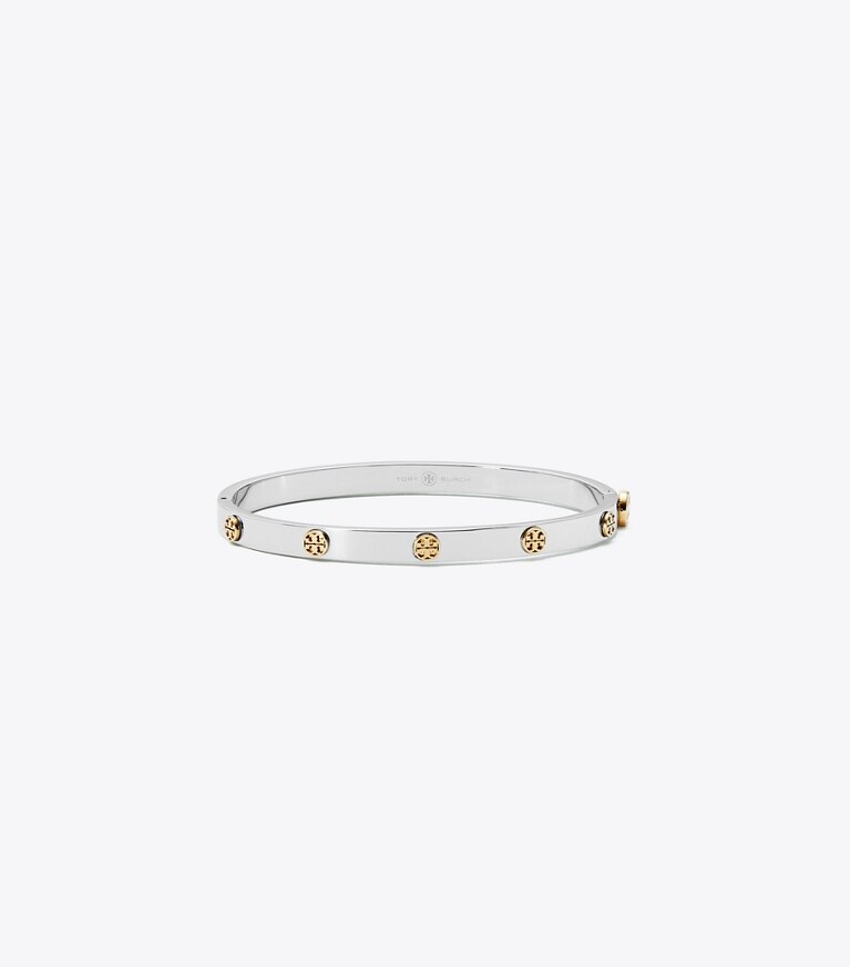 Tory Burch designer bracelets Bracelet Icon clouté à charnière 5 mm in Tory Silver / Tory Gold front