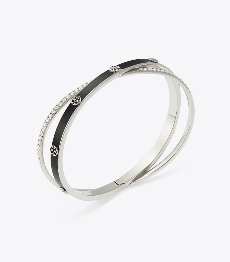 Tory Burch designer bracelets Bracelet jonc croisé Icon en émail dans Light Silver / BLACK / Crystal détails