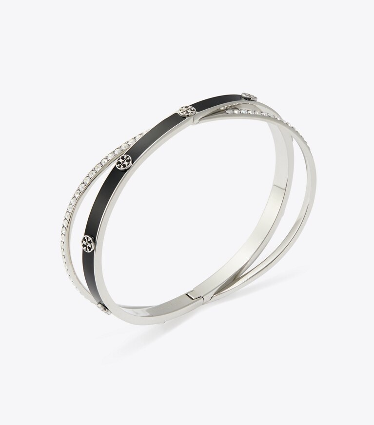 Tory Burch designer bracelets Bracelet jonc croisé Icon en émail dans Light Silver / BLACK / Crystal détails