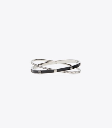 Tory Burch designer bracelets Bracelet jonc croisé Icon en émail dans Light Silver / BLACK / Crystal de face