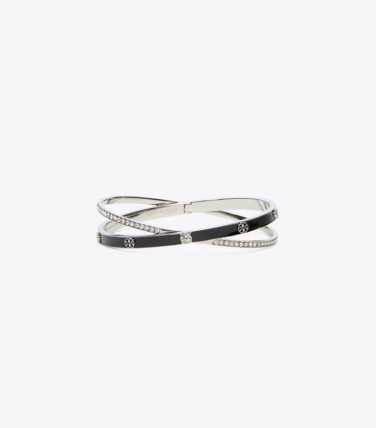 Tory Burch designer bracelets Bracelet jonc croisé Icon en émail dans Light Silver / BLACK / Crystal de face