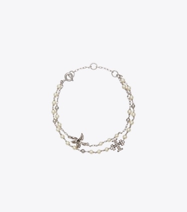 Tory Burch designer bracelets Bracelet perles multi-rangs Moondance in Tory Silver / Pearl / Crystal front