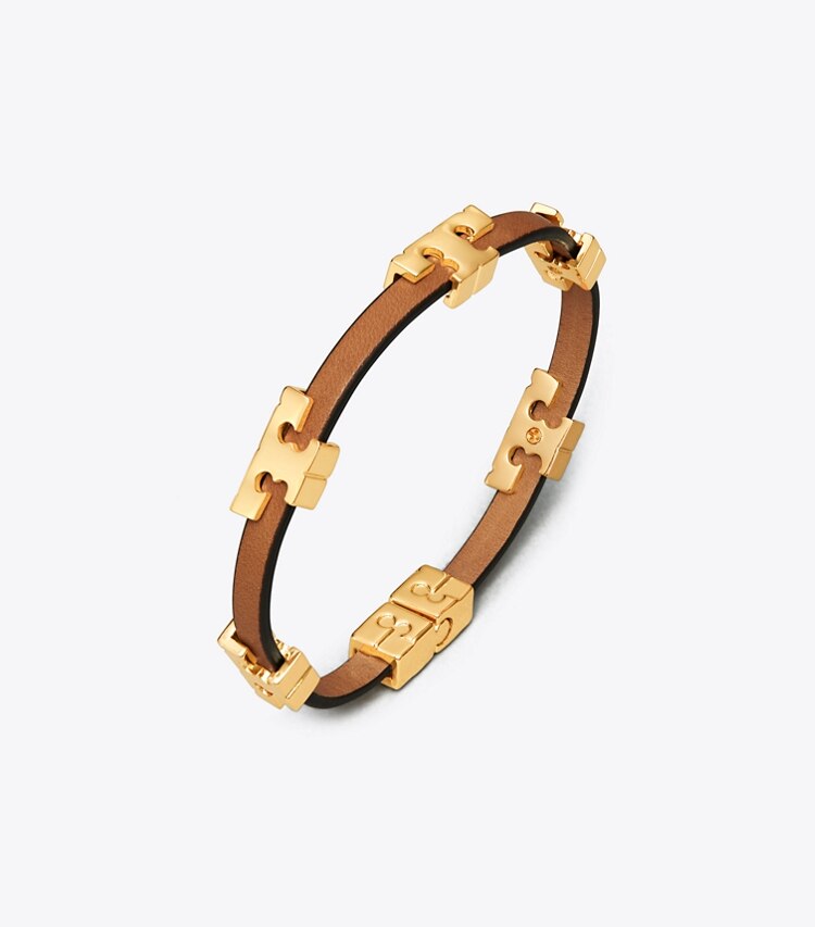 Tory Burch designer bracelets Bracelet simple tour Serif-T dans Tory Gold/Coconut/Vachetta détails