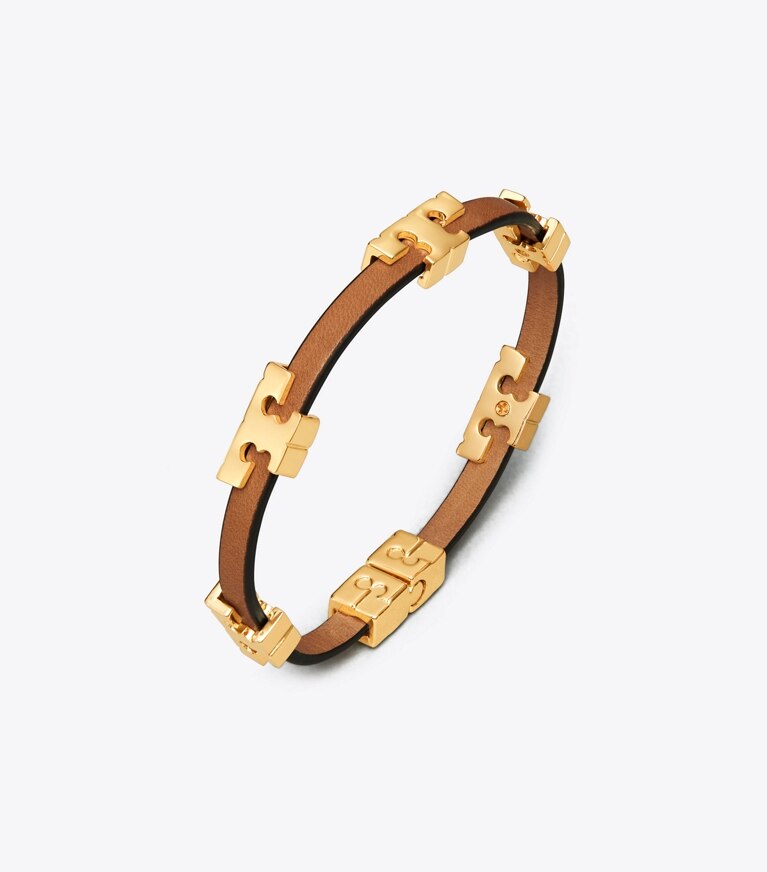 Tory Burch designer bracelets Bracelet simple tour Serif-T dans Tory Gold/Coconut/Vachetta détails