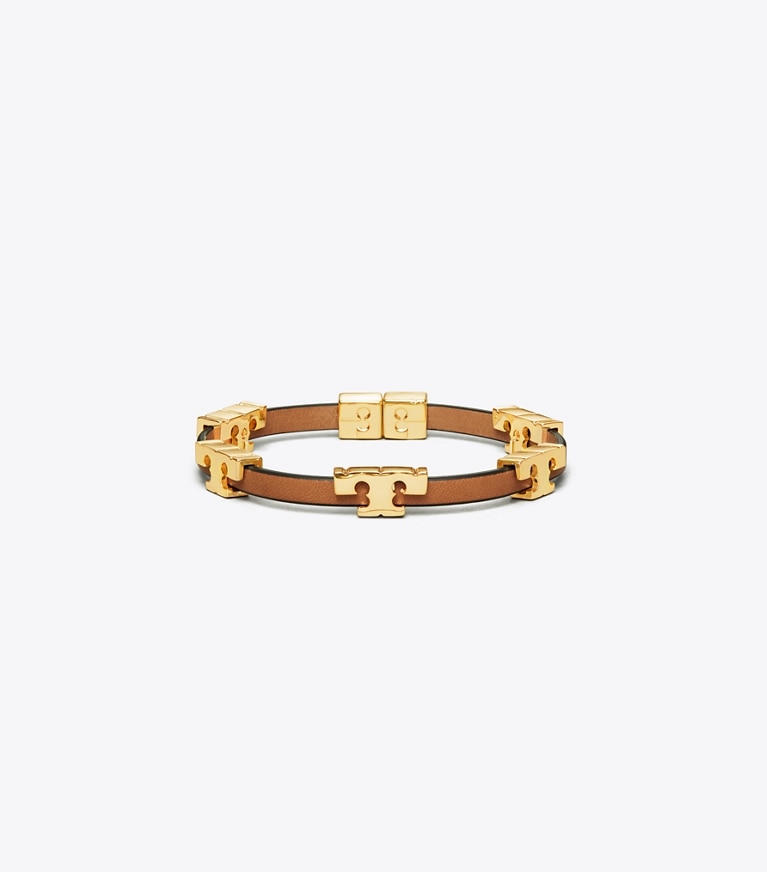 Tory Burch designer bracelets Bracelet simple tour Serif-T dans Tory Gold/Coconut/Vachetta de face