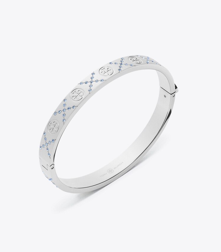 Tory Burch designer bracelets Bracelet T Monogram Icon à charnière pavé de cristaux in Tory Silver / Blue Sapphire informations