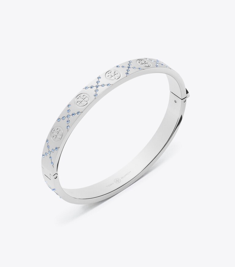Tory Burch designer bracelets Bracelet T Monogram Icon à charnière pavé de cristaux in Tory Silver / Blue Sapphire informations