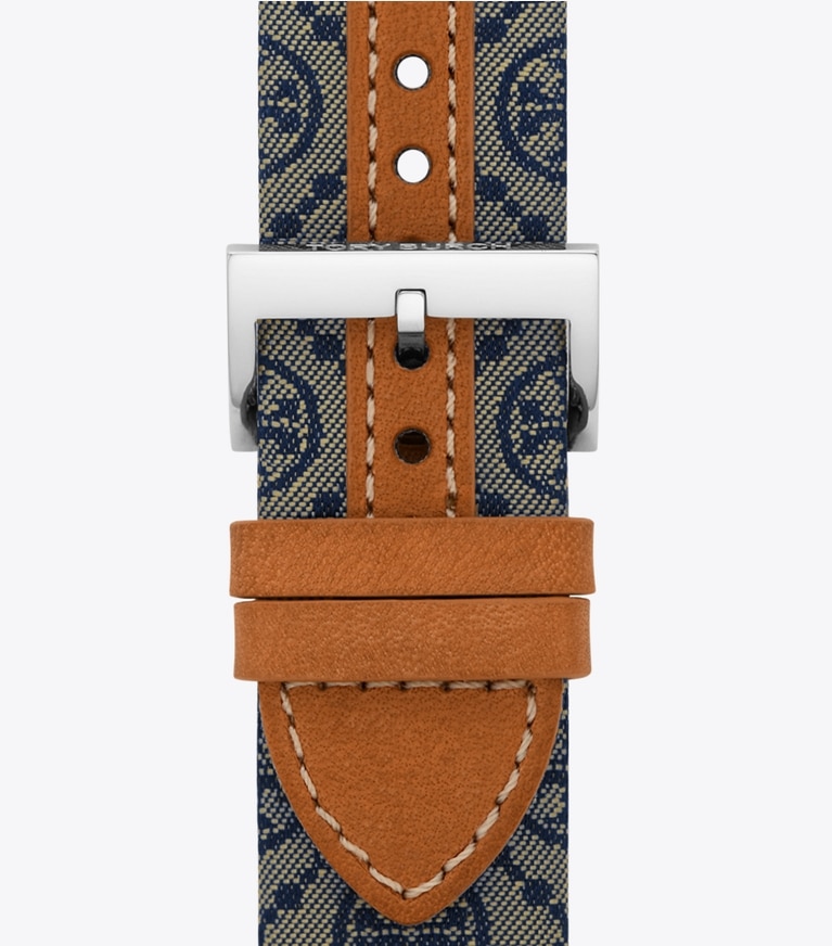 Tory Burch designer montres électroniques Bracelet T Monogram pour Apple Watch® dans NAVY/CAMELLO compactable et réversible