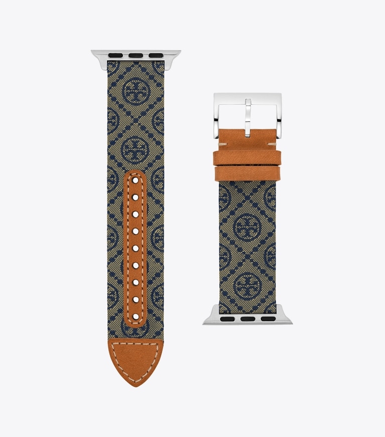 Tory Burch designer montres électroniques Bracelet T Monogram pour Apple Watch® dans NAVY/CAMELLO de côté