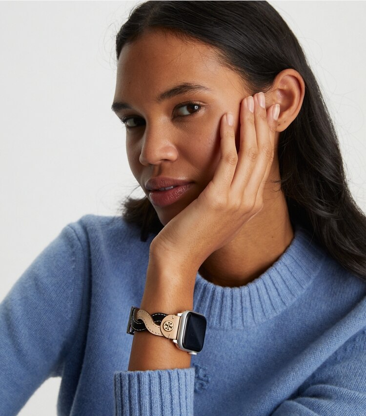 Tory Burch designer watches tory track smart watches Braided Band for Apple Watch®, Cream/Black Leather, 38 MM – 40 MM in CREAM/BLACK accessory on model