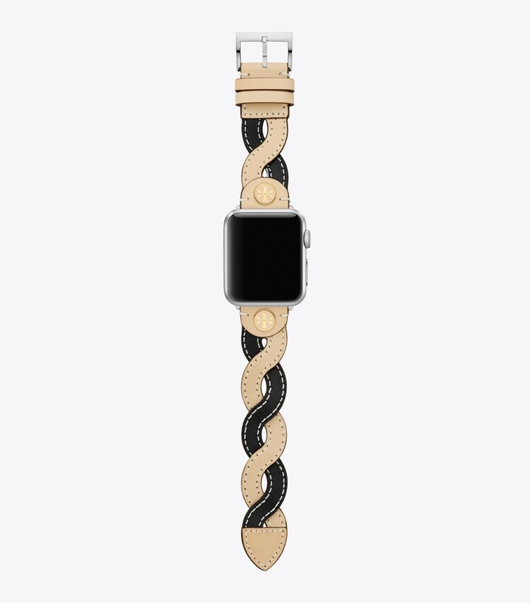 Tory Burch designer watches tory track smart watches Braided Band for Apple Watch®, Cream/Black Leather, 38 MM – 40 MM in CREAM/BLACK front
