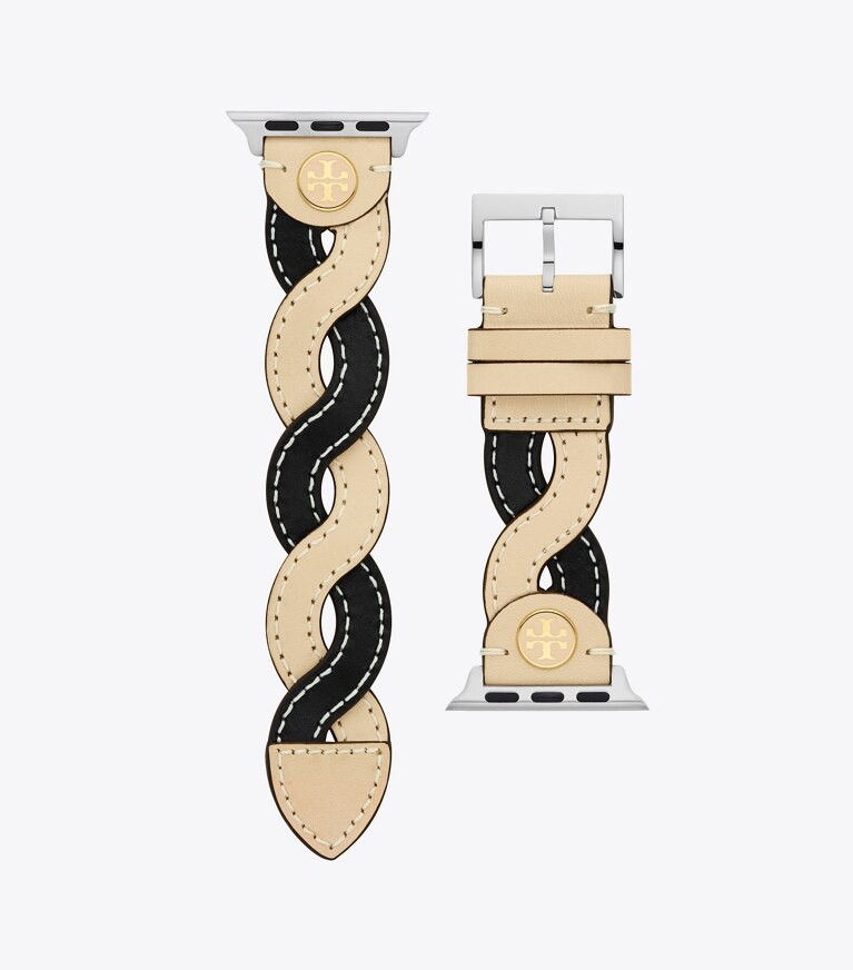 Tory Burch designer watches tory track smart watches Braided Band for Apple Watch®, Cream/Black Leather, 38 MM – 40 MM in CREAM/BLACK front