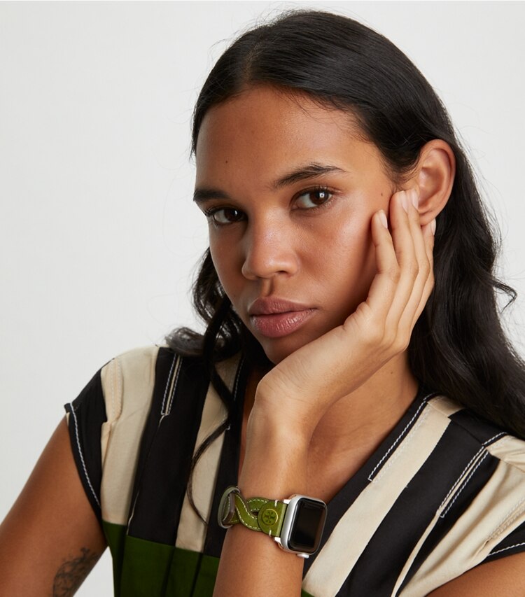 Tory Burch designer watches tory track smart watches Braided Band for Apple Watch®, Green Leather, 38 MM – 40 MM in GREEN accessory on model