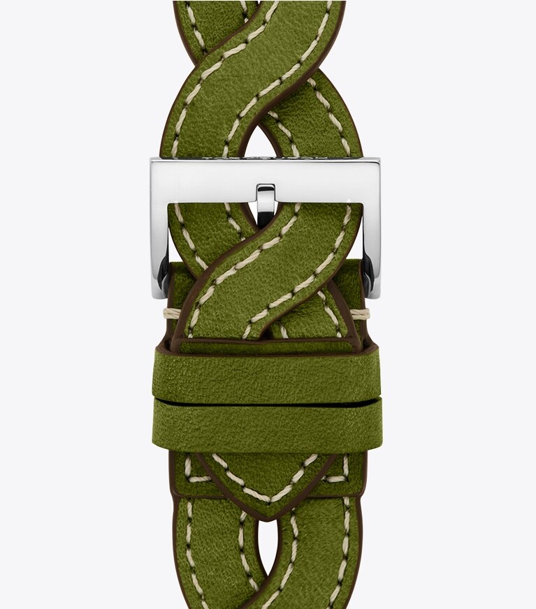Tory Burch designer watches tory track smart watches Braided Band for Apple Watch®, Green Leather, 38 MM – 40 MM in GREEN front