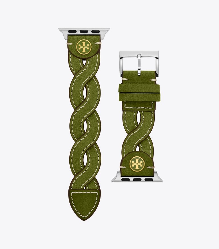 Tory Burch designer watches tory track smart watches Braided Band for Apple Watch®, Green Leather, 38 MM – 40 MM in GREEN front